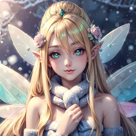 very long hair, soft ((glossy eyes)), sparkles, flowers, (((Winter Fairy Coquette))), <lora:copax_bokeh_v1:1> <lora:more_details:0.3>, depth of field, blonde hair, green eyes