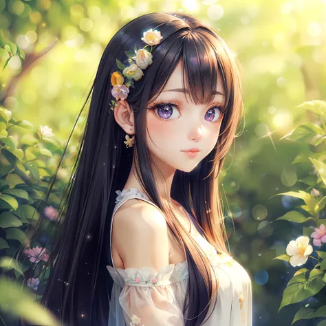 cute, kawaii, very long hair, soft ((glossy eyes)), sparkles, flowers, nature,  <lora:copax_bokeh_v1:1>  <lora:more_details:0.3>, depth of field