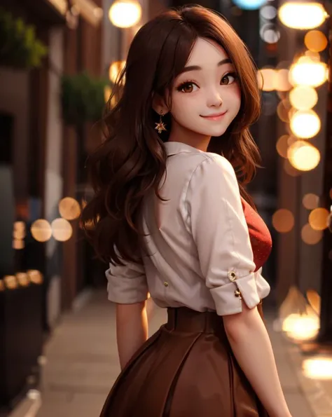 1girl, full body, eye contact, bokeh background, big bokeh, night, brown hair, red skirt, back long hair, smile, <lora:copax_charm_eu:0.5>, <lora:copax_bokeh_v1-000004:1>
