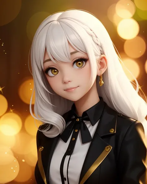 1girl, white hair,ribbon, long hair, dress black and gold, black jacket, cute face, full body, bokeh background, <lora:copax_bokeh_v1-000004:1>