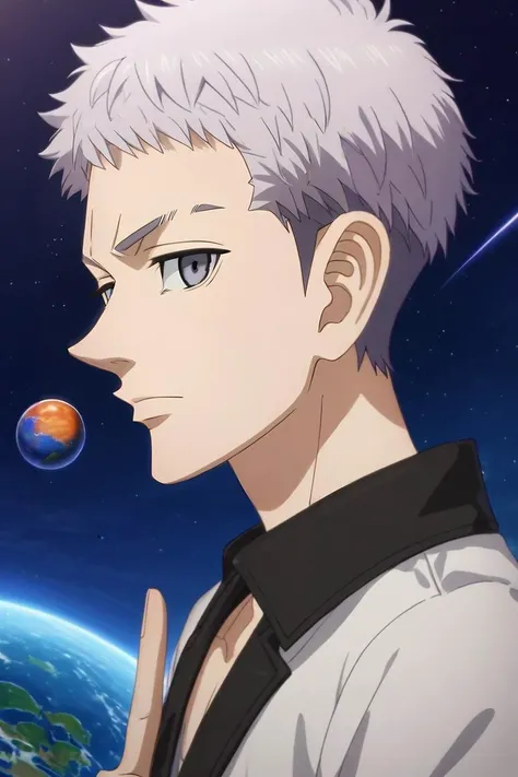 score_9, score_8_up, score_7_up, source_anime, rating_safe, intricate details, , looking at viewer, , 1boy, solo, male focus, <lora:takashi_mitsuya_pony:0.86>, takashi_mitsuya, grey hair, grey eyes, short hair, profile, space, planets, noon, index finger raised, :D, ,, <lora:sdxl_lightning_8step_lora:1>