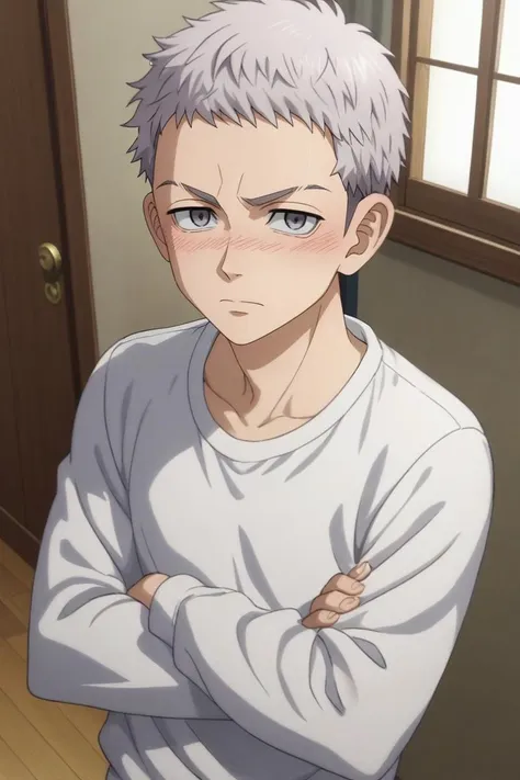 score_9, score_8_up, score_7_up, source_anime, rating_safe, , anime screencap, , , , , 1boy, solo, male focus, <lora:takashi_mitsuya_pony:0.8>, takashi_mitsuya, grey hair, grey eyes, short hair, from above, bedroom, (plush), day, crossed arms, shy, blush, , <lora:sdxl_lightning_8step_lora:1>