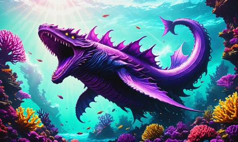 photorealistic, detailed digital illustration of a Winged leviathan soaring through waves at a Sunlit lagoon surrounded by vibrant corals <lora:xl_more_art-full_v1:0.4>, <lora:IPXL_v8:0.7> inkpunk style, Cinematic lighting, <lora:derv-z3rg-SDXL-CIVIT:0.8> z3rg, monster, tentacle, purple