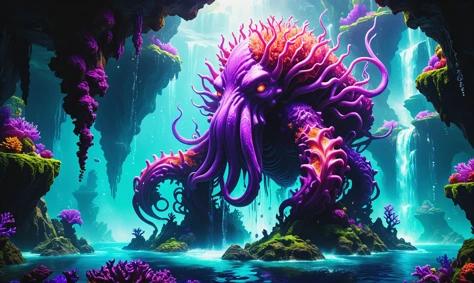 photorealistic, detailed digital illustration of a Coral golem guarding underwater realms at a Floating islands with magical waterfalls <lora:xl_more_art-full_v1:0.4>, <lora:gorgoeus_splash_of_vibrant_paint:0.7> Gorgeous splash of vibrant paint, Back lighting, <lora:derv-z3rg-SDXL-CIVIT:0.8> z3rg, monster, tentacle, purple