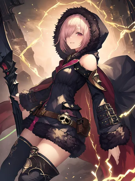 masterpiece,best quality,highres,cinematic lighting,dramatic angle,1girl,<lora:ShadowverseWizardessOfOzV2-000016:0.8>,pink hair,short hair,red eyes,black dress,cape,gold trim,skull,belt,pocket,hood,fur trim,asymmetrical legwear,armored boots,thighhighs,looking at viewer,evil smile,parted lips,depth of field,head tilt,shaded face,glowing eyes,holding weapon,huge weapon,electricity,liightning,floating objects,magic,bare shoulders,<lora:flat2:-0.25> ,showing strength,cowboy shot