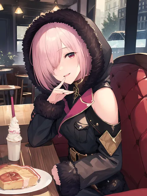 masterpiece,best quality,highres,cinematic lighting,dramatic angle,1girl,<lora:ShadowverseWizardessOfOzV2-000016:0.8>,pink hair,short hair,red eyes,black dress,hood,fur trim,gold trim,bare shoulders,clothing cutout,belt,pocket,juice,ice cream cone,omurice,restaurant,sitting,across table,happy,head tilt,half-closed eyes, parted lips