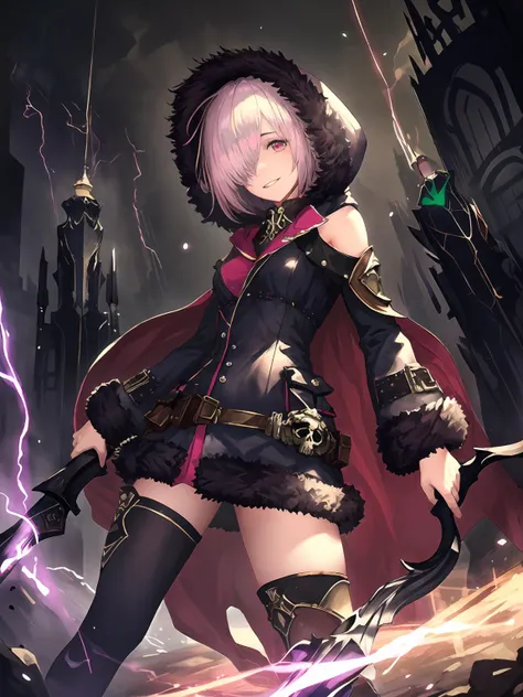 masterpiece,best quality,highres,cinematic lighting,dramatic angle,1girl,<lora:ShadowverseWizardessOfOzV2-000016:0.8>,pink hair,short hair,red eyes,black dress,cape,gold trim,skull,belt,pocket,hood,fur trim,asymmetrical legwear,armored boots,thighhighs,looking at viewer,evil smile,parted lips,depth of field,head tilt,shaded face,glowing eyes,holding weapon,huge weapon,electricity,liightning,floating objects,magic,bare shoulders,<lora:flat2:-0.25> ,showing strength,cowboy shot