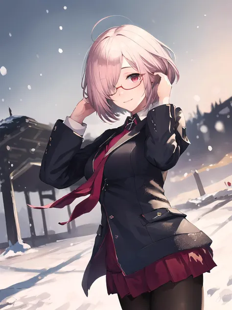 masterpiece,best quality,highres,cinematic lighting,dramatic angle,1girl,<lora:ShadowverseWizardessOfOzV2-000016:0.8>,pink hair,short hair,red eyes,white jacket,black suit,skirt,pantyhose,red necktie,glasses,snow,snowing,wind,blurry background,motion blur,turning head,looking at viewer,happy,head tilt,adjusting hair,blizzard,monochrome