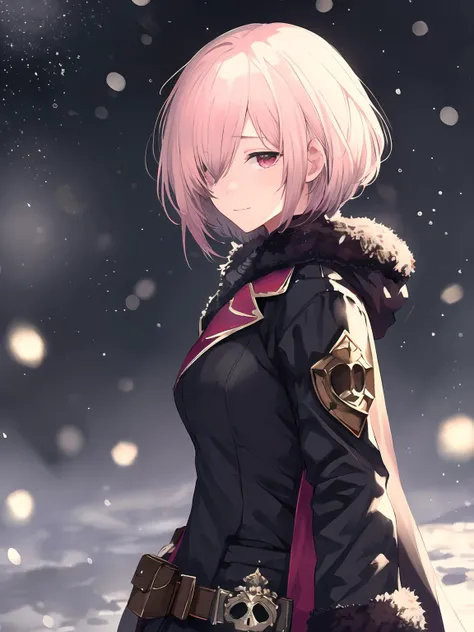 masterpiece,best quality,highres,cinematic lighting,dramatic angle,1girl,<lora:ShadowverseWizardessOfOzV2-000016:0.8>,pink hair,short hair,red eyes,black dress,cape,gold trim,skull,belt,pocket,hood,fur trim,looking at viewer,evil smile,depth of field,blurry background,snow,snowing,snowflakes,blizzard,wind,from side,turning head,expressionless,(monochrome:1.2),clothing cutout,strong wind,motion blur