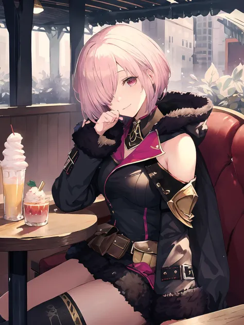 masterpiece,best quality,highres,cinematic lighting,dramatic angle,1girl,<lora:ShadowverseWizardessOfOzV2-000016:0.8>,pink hair,short hair,red eyes,black dress,hood,fur trim,gold trim,bare shoulders,clothing cutout,belt,pocket,juice,ice cream cone,omurice,restaurant,sitting,across table,happy,head tilt