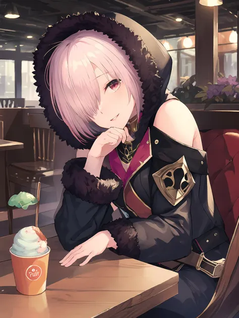 masterpiece,best quality,highres,cinematic lighting,dramatic angle,1girl,<lora:ShadowverseWizardessOfOzV2-000016:0.8>,pink hair,short hair,red eyes,black dress,hood,fur trim,gold trim,bare shoulders,clothing cutout,belt,pocket,juice,ice cream cone,omurice,restaurant,sitting,across table,happy,head tilt,half-closed eyes, parted lips