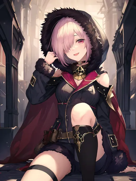 masterpiece,best quality,highres,cinematic lighting,dramatic angle,1girl,<lora:ShadowverseWizardessOfOzV2-000016:0.8>,pink hair,short hair,red eyes,black dress,cape,gold trim,skull,belt,pocket,choker,hood,fur trim,asymmetrical legwear,armored boots,thighhighs,looking at viewer,evil smile,depth of field,head tilt,shaded face,glowing eyes,bare shoulders ,showing strength,cowboy shot,sitting,one leg up,:d,adjusting hair,zettai ryouiki, shorts