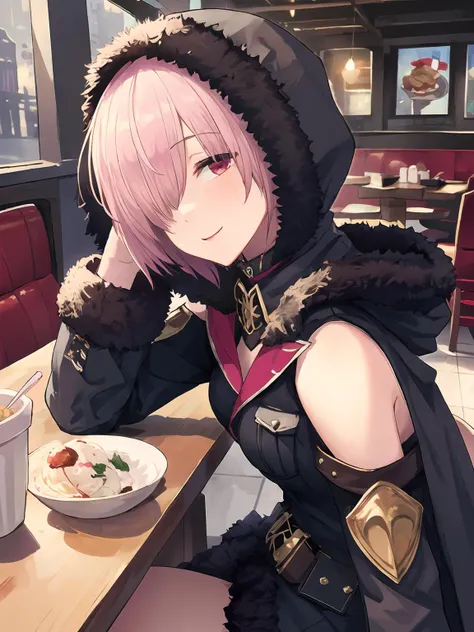 masterpiece,best quality,highres,cinematic lighting,dramatic angle,1girl,<lora:ShadowverseWizardessOfOzV2-000016:0.8>,pink hair,short hair,red eyes,black dress,hood,fur trim,gold trim,bare shoulders,clothing cutout,belt,pocket,juice,ice cream cone,omurice,restaurant,sitting,across table,happy,head tilt,half-closed eyes,