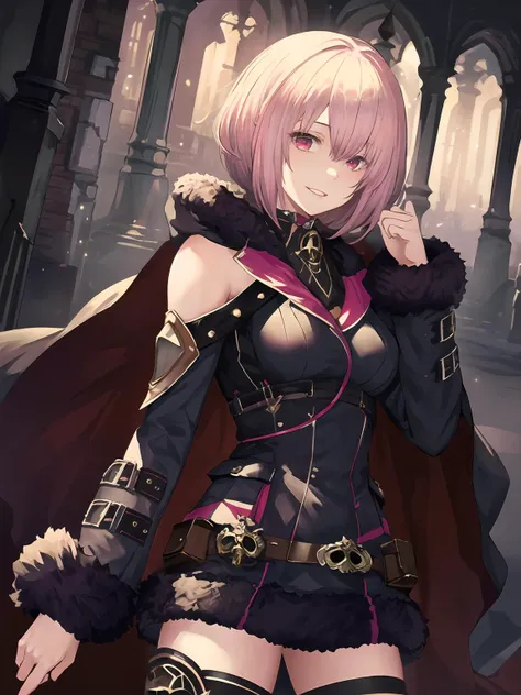 masterpiece,best quality,highres,cinematic lighting,dramatic angle,1girl,<lora:ShadowverseWizardessOfOzV2-000016:0.8>,pink hair,red eyes,short hair,hood,cape,black dress,fur trim,bare shoulders,clothing cutout,thighhighs,armored boots,looking at viewer,evil smile,parted lips,