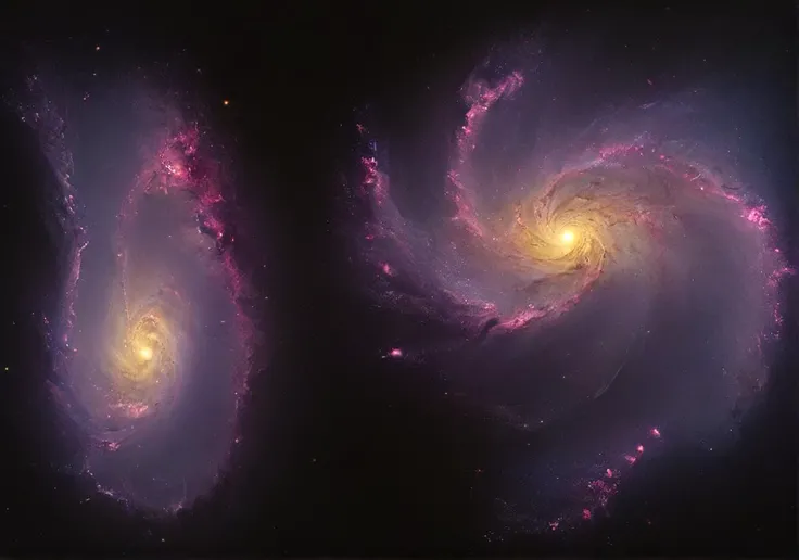 cinematic still, (two massive holographic twin spiral galaxies orbiting each other (trapped under a translucent web):1.5), one arm of one galaxy reaches into the other galaxy pulling at its mass, the center of each galaxy burns with purple flames, lower end of the light spectrum, subsurface scattering, ethereal stellar photography, intricate details, hyper detailed, detailed texture ,8k, UHD, 35mm, ultra wide shot, <lora:artfullyIMAGINE:0.8>, artmgn, <lora:spiderweb:0.4>, <lora:- SDXL - vanta-black_contrast_V3.0:1>, <lora:Galaxy:1>, Galaxy, <lora:- SDXL - holo_effect_V1.0:0.3>, <lora:sss:0.5>, sss,