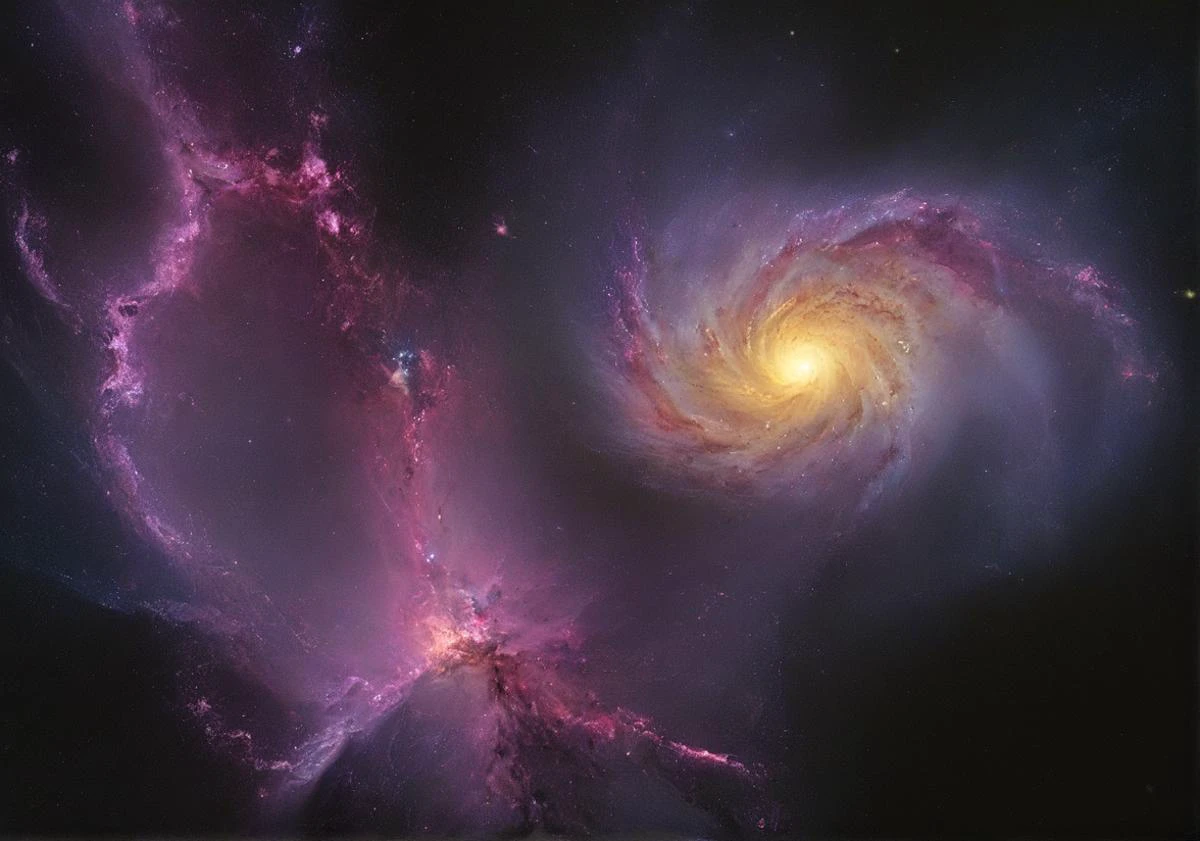 cinematic still, (two massive holographic twin spiral galaxies orbiting each other (trapped under a translucent web):1.5), one arm of one galaxy reaches into the other galaxy pulling at its mass, the center of each galaxy burns with purple flames, lower end of the light spectrum, subsurface scattering, ethereal stellar photography, intricate details, hyper detailed, detailed texture ,8k, UHD, 35mm, ultra wide shot, <lora:artfullyIMAGINE:0.8>, artmgn, <lora:spiderweb:0.4>, <lora:- SDXL - vanta-black_contrast_V3.0:1>, <lora:Galaxy:1>, Galaxy, <lora:- SDXL - holo_effect_V1.0:0.3>, <lora:sss:0.5>, sss,