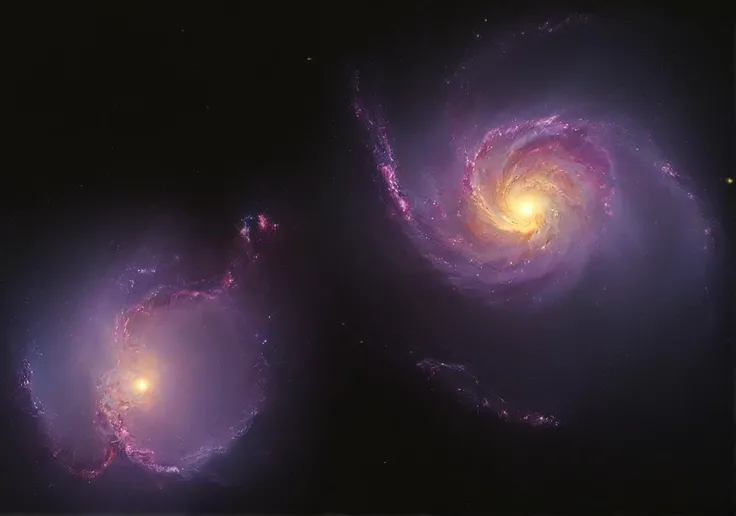 cinematic still, (two massive holographic twin spiral galaxies orbiting each other (trapped under a translucent web):1.5), one arm of one galaxy reaches into the other galaxy pulling at its mass, the center of each galaxy burns with purple flames, lower end of the light spectrum, subsurface scattering, ethereal stellar photography, intricate details, hyper detailed, detailed texture ,8k, UHD, 35mm, ultra wide shot, <lora:artfullyIMAGINE:0.8>, artmgn, <lora:spiderweb:0.4>, <lora:- SDXL - vanta-black_contrast_V3.0:1>, <lora:Galaxy:1>, Galaxy, <lora:- SDXL - holo_effect_V1.0:0.3>, <lora:sss:0.5>, sss,