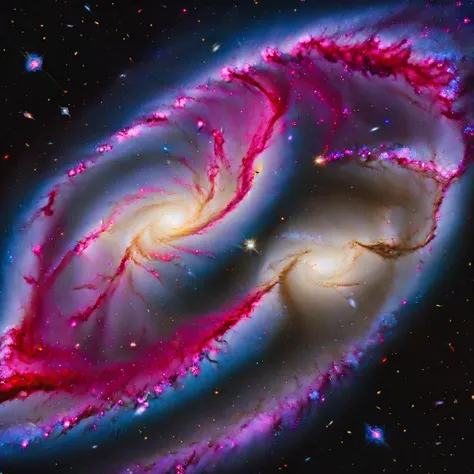 cinematic photography, binary galaxies, two spiral galaxies colliding, (one galaxy's arm feeds into the other), colorful, purple, red, white, blue, the center of each galaxy burns bright, best quality,
extreme detail, intricate detail, 8k,UHD, 35mm, ultra wide angle, stellar photography, side view
<lora:Galaxy:1>, Galaxy,
