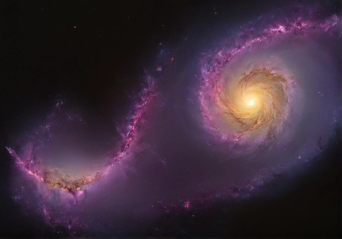 cinematic still, (two massive holographic twin spiral galaxies orbiting each other (trapped under a translucent web):1.5), one arm of one galaxy reaches into the other galaxy pulling at its mass, the center of each galaxy burns with purple flames, lower end of the light spectrum, subsurface scattering, ethereal stellar photography, intricate details, hyper detailed, detailed texture ,8k, UHD, 35mm, ultra wide shot, <lora:artfullyIMAGINE:0.6>, artmgn, <lora:spiderweb:0.8>, <lora:- SDXL - vanta-black_contrast_V3.0:1>, <lora:Galaxy:1>, Galaxy, <lora:- SDXL - holo_effect_V1.0:0.3>, <lora:sss:0.5>, sss,
