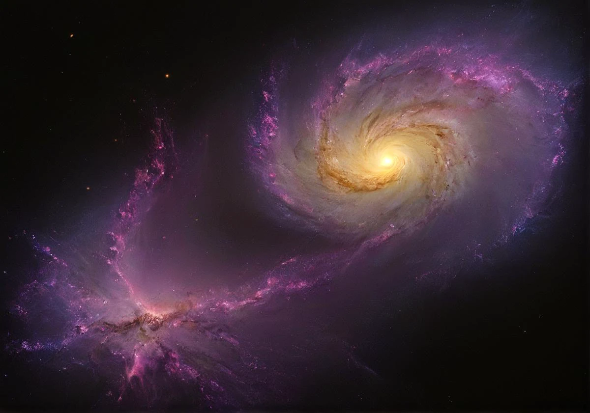cinematic still, (two massive holographic twin spiral galaxies orbiting each other (trapped under a translucent web):1.5), one arm of one galaxy reaches into the other galaxy pulling at its mass, the center of each galaxy burns with purple flames, lower end of the light spectrum, subsurface scattering, ethereal stellar photography, intricate details, hyper detailed, detailed texture ,8k, UHD, 35mm, ultra wide shot, <lora:artfullyIMAGINE:0.8>, artmgn, <lora:spiderweb:0.4>, <lora:- SDXL - vanta-black_contrast_V3.0:1>, <lora:Galaxy:1>, Galaxy, <lora:- SDXL - holo_effect_V1.0:0.3>, <lora:sss:0.5>, sss,