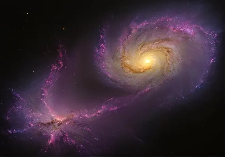 cinematic still, (two massive holographic twin spiral galaxies orbiting each other (trapped under a translucent web):1.5), one arm of one galaxy reaches into the other galaxy pulling at its mass, the center of each galaxy burns with purple flames, lower end of the light spectrum, subsurface scattering, ethereal stellar photography, intricate details, hyper detailed, detailed texture ,8k, UHD, 35mm, ultra wide shot, <lora:artfullyIMAGINE:0.8>, artmgn, <lora:spiderweb:0.4>,  <lora:- SDXL - vanta-black_contrast_V3.0:1>,  <lora:Galaxy:1>, Galaxy,  <lora:- SDXL - holo_effect_V1.0:0.3>, <lora:sss:0.5>, sss,