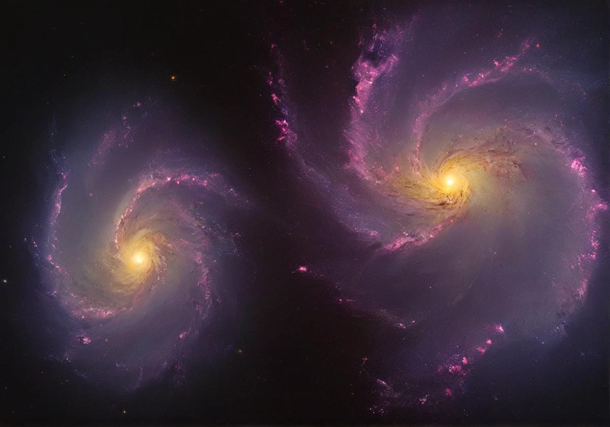 cinematic still, (two massive holographic twin spiral galaxies orbiting each other (trapped under a translucent web):1.5), one arm of one galaxy reaches into the other galaxy pulling at its mass, the center of each galaxy burns with purple flames, lower end of the light spectrum, subsurface scattering, ethereal stellar photography, intricate details, hyper detailed, detailed texture ,8k, UHD, 35mm, ultra wide shot, <lora:artfullyIMAGINE:0.8>, artmgn, <lora:spiderweb:0.4>, <lora:- SDXL - vanta-black_contrast_V3.0:1>, <lora:Galaxy:1>, Galaxy, <lora:- SDXL - holo_effect_V1.0:0.3>, <lora:sss:0.5>, sss,