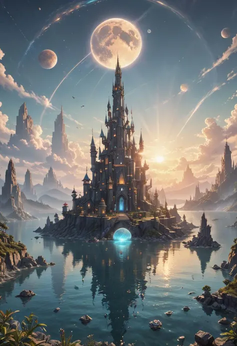 a futuristic city in the middle of a body of water, still frame from a movie, magical glowing sphere in midair, otherland, in a castle on an alien planet, gaia, hyper-futuristic city, garden utopia, earthbound, rendered image