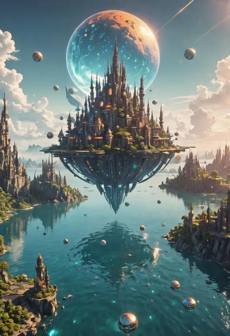 a futuristic city in the middle of a body of water, still frame from a movie, magical glowing sphere in midair, otherland, in a castle on an alien planet, gaia, hyper-futuristic city, garden utopia, earthbound, rendered image