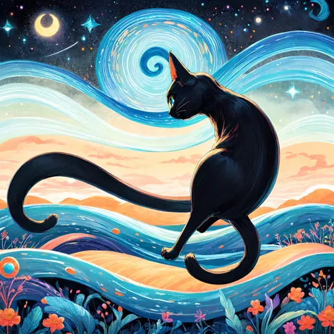 Illustration of a never-ending black cat with an infinitely long body stretching across the horizon, a whimsical tail curving around like a winding river, and eyes that seem to hold the secrets of the universe in their depths.