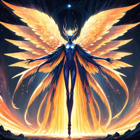 Illustration of a towering, shadowy figure with multiple sets of wings, each adorned with eyes that glow with an eerie light. Its elongated limbs seem to twist and contort, and its featureless face exudes an otherworldly presence, surrounded by an aura of crackling energy