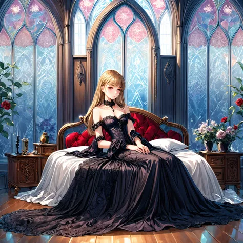 Illustration of a mesmerizing WLOP-style artwork depicting a serene scene of a young woman gracefully lying on a luxurious gothic-inspired bed, wearing an enchanting gothic fashion ensemble that includes a beautifully intricate lace corset, a dark flowing gown with intricate floral patterns, and elegant gothic accessories, while surrounded by an ethereal atmosphere of muted moonlight streaming through stained glass windows adorned with intricate gothic motifs, creating an enchanting ambiance of tranquility and peaceful slumber.