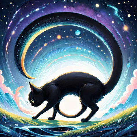 Illustration of a never-ending black cat with an infinitely long body stretching across the horizon, a whimsical tail curving around like a winding river, and eyes that seem to hold the secrets of the universe in their depths.