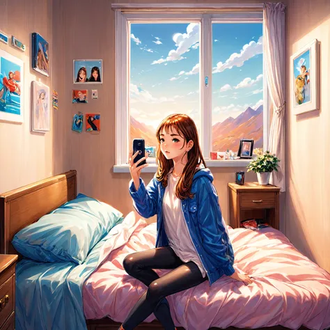 In the comfort of her own room,a young woman captures spontaneous selfies. Her smartphone is her trusty companion as she effortlessly poses,her clothing reflecting her style,and her room providing a cozy backdrop