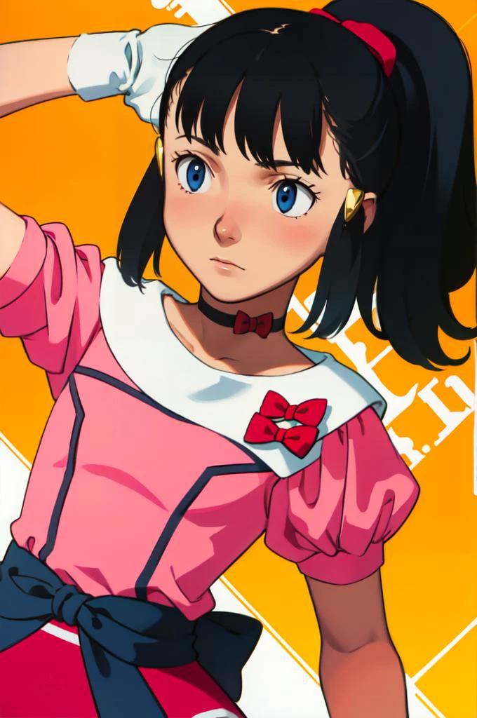 <lora:PKMN_Dawn_Pink_Contest_Dress_v1:1> pkmndawn, 1girl, solo, blue eyes, blue hair, ponytail, sidelocks, bangs, hair ornament, hairclip, pink dress, short sleeves, puffy sleeves, sidelocks, choker, red bow, white gloves, <lora:comiclo:0.8>, absurdres, ultra detailed, masterpiece, best quality, aesthetic, detailed,