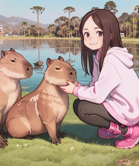 masterpiece, best quality,1girl, capybara, pink leggings, white hoodie, long hair, sky, cloud, tree, araucaria, brown hair, black eyes, smile, brown fur-trimmed boots, one knee, lake
[child:6]
<lora:comiclo:0.8>
<lora:capi-09:0.75>
<lora:araucaria-10:0.7>
<lora:americanmcgee_alice-12:0.35>