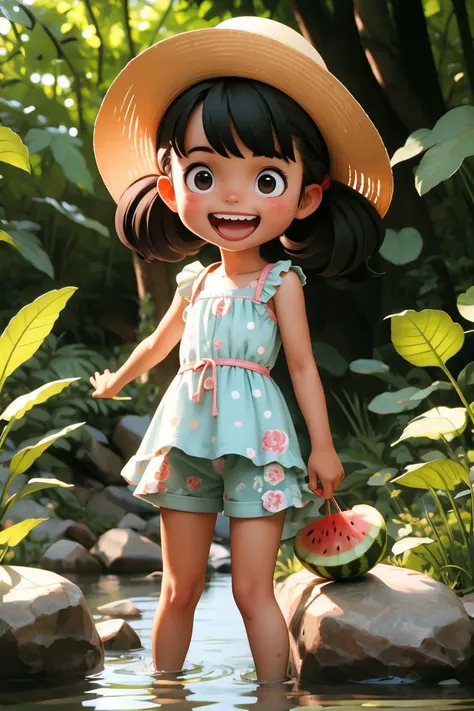 masterpiece,best quality,<lora:comiclo:0.8>,multiple girls,3girls,fruit,food,watermelon,water,sandals,hat,black hair,hair bobbles,shorts,skirt,river,short hair,dappled sunlight,hairband,smile,outdoors,straw hat,hair ornament,dress,stream,open mouth,nature,rock,wading,sunlight,long hair,twintails,polka dot,chibi,