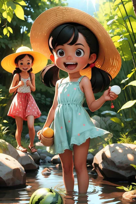 masterpiece,best quality,<lora:comiclo:0.8>,multiple girls,3girls,fruit,food,watermelon,water,sandals,hat,black hair,hair bobbles,shorts,skirt,river,short hair,dappled sunlight,hairband,smile,outdoors,straw hat,hair ornament,dress,stream,open mouth,nature,rock,wading,sunlight,long hair,twintails,polka dot,chibi,