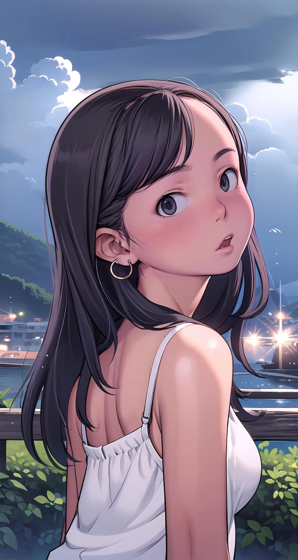 ((masterpiece,intricate details)),1girl,mature female,brown eyes,Sleek long hair,,:o,huge breasts BREAK , White_sheer_blouse, light_blue_denim_shorts, strappy_nude_sandals, gold_hoop_earrings, dainty_gold_necklace, BREAK darkened sky,raining,((cumulonimbus)),((upper body,portrait)),from side:1.2,depth of field,looking at viewer,
<lora:comiclo:1>