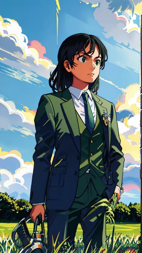 masterpiece, best quality,
vivid colors,
1girl, (solo)
(" ")
" ",
dark green eyes
""
office suit, necktie, pants
grass field
medieval, "middle ages", history
<lora:comiclo:1>