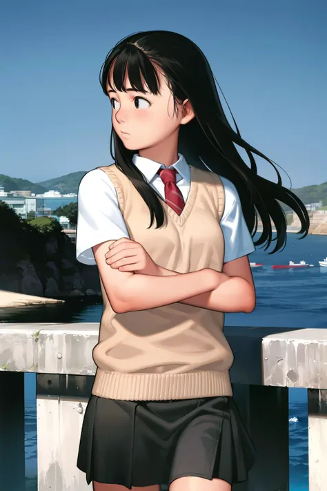 masterpiece, best quality,<lora:comiclo:1>,night,1girl, solo, sweater vest, black hair, necktie, long hair, black eyes, school uniform, outdoors, sky, short sleeves, looking away, looking to the side, shirt, skirt, red necktie, ocean, railing, scenery, vest