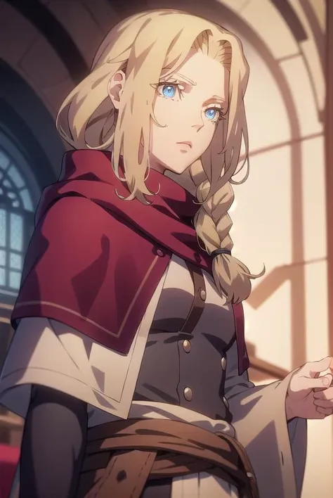 lisatepes, <lyco:lisatepes-lyco-nochekaiser:1>,
lisa tepes, long hair, blue eyes, blonde hair, hair over shoulder,
BREAK braid, belt, bag, cape, single braid, long sleeves, skirt,
BREAK looking at viewer,
BREAK indoors,
BREAK <lyco:GoodHands-beta2:1>, (masterpiece:1.2), best quality, high resolution, unity 8k wallpaper, (illustration:0.8), (beautiful detailed eyes:1.6), extremely detailed face, perfect lighting, extremely detailed CG, (perfect hands, perfect anatomy),