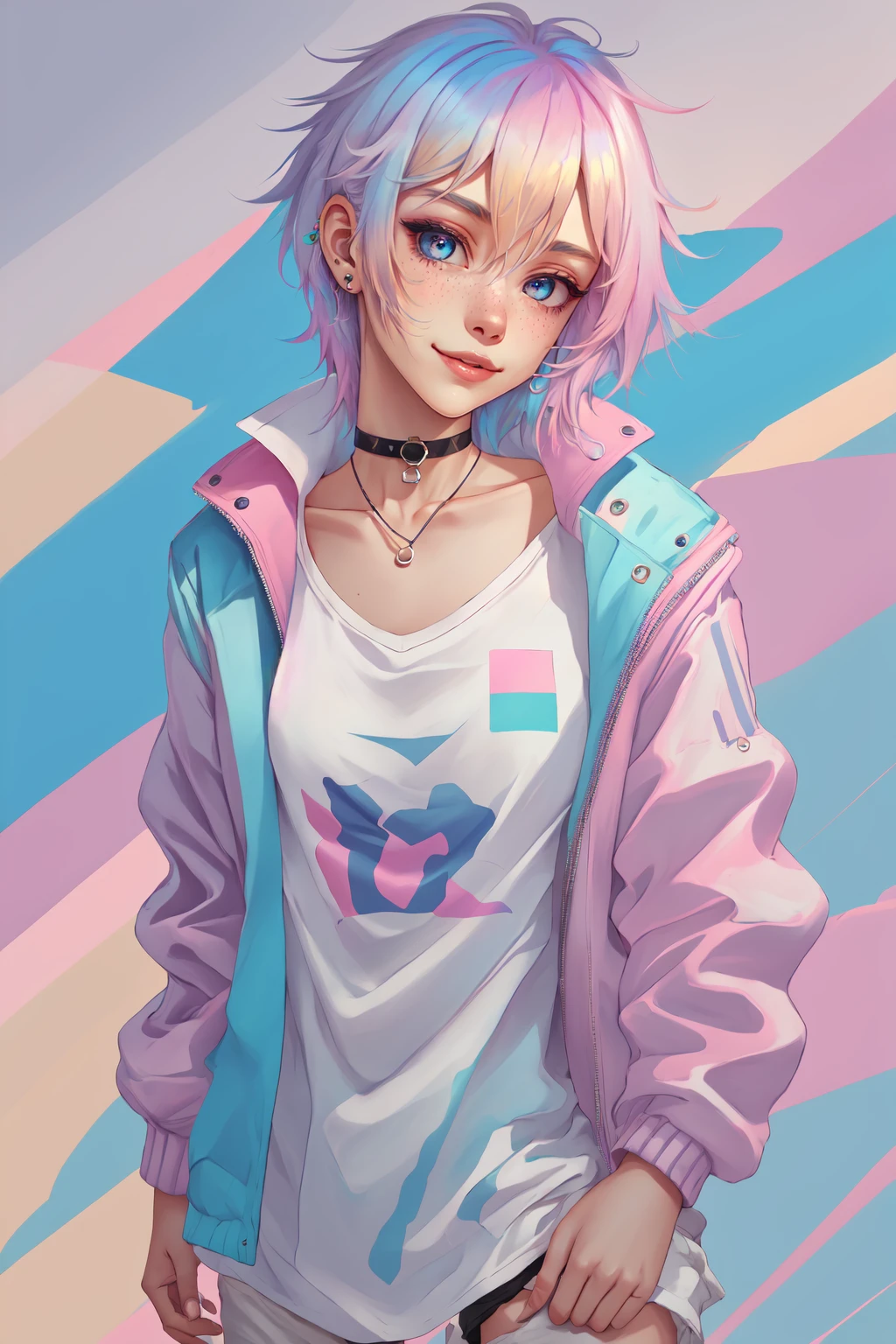 Paint_Style, 1girl, solo, looking at viewer, smile, blue eyes, blonde hair, shirt, jewelry, closed mouth, blue hair, jacket, white shirt, upper body, pink hair, white hair, multicolored hair, earrings, open clothes, choker, two-tone hair, open jacket, lips, head tilt, piercing, freckles, realistic, pink jacket, photo (object)<lora:Paint_Style:1>