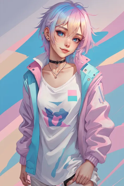 Paint_Style, 1girl, solo, looking at viewer, smile, blue eyes, blonde hair, shirt, jewelry, closed mouth, blue hair, jacket, white shirt, upper body, pink hair, white hair, multicolored hair, earrings, open clothes, choker, two-tone hair, open jacket, lips, head tilt, piercing, freckles, realistic, pink jacket, photo (object)<lora:Paint_Style:1>