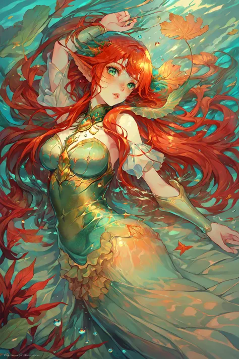 Paint_Style, 1girl, solo, long hair, looking at viewer, green eyes, red hair, parted lips, water, lips, leaf, looking up, monster girl, partially submerged, freckles, fish, underwater, air bubble, mermaid<lora:Paint_Style:1>