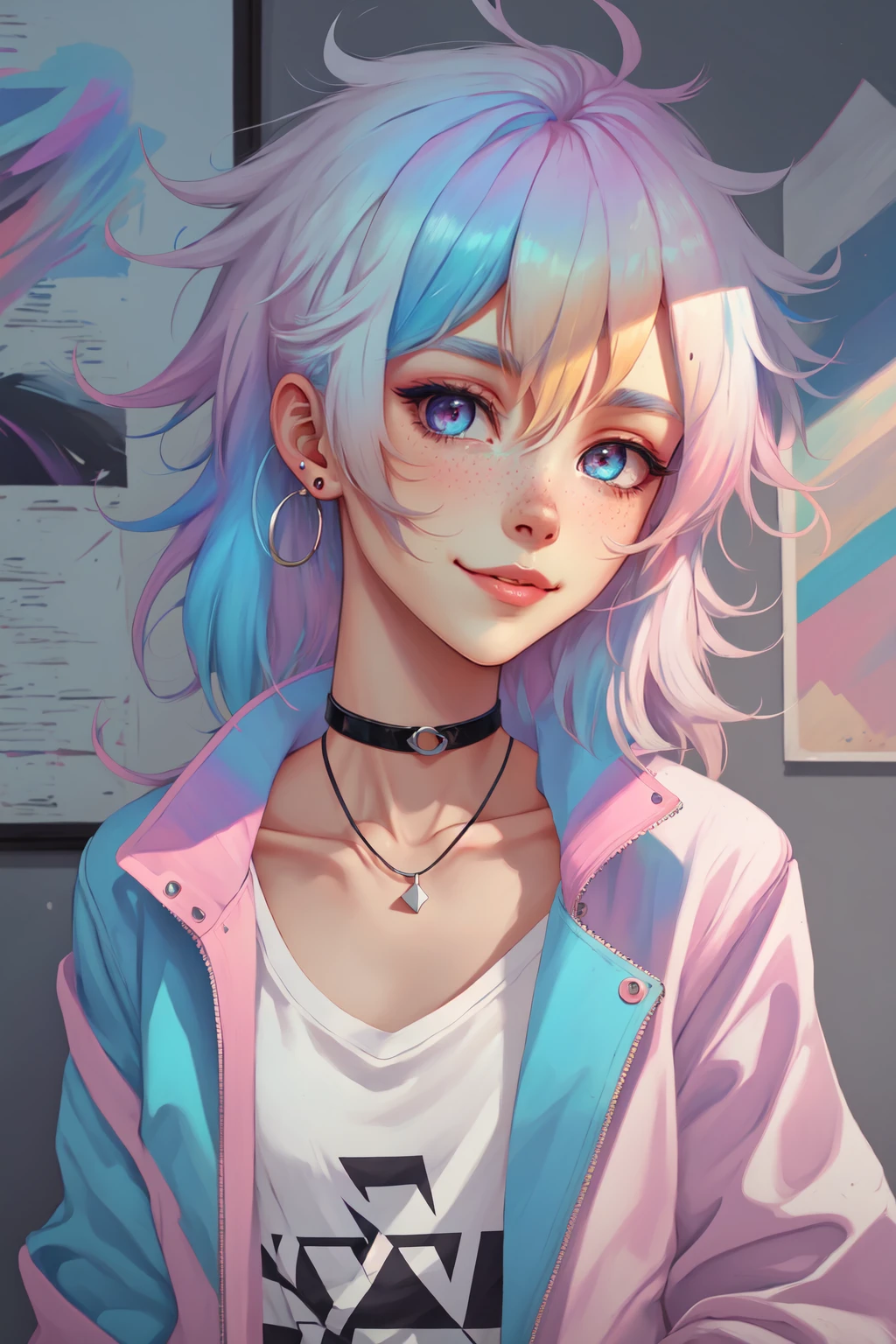 Paint_Style, 1girl, solo, looking at viewer, smile, blue eyes, blonde hair, shirt, jewelry, closed mouth, blue hair, jacket, white shirt, upper body, pink hair, white hair, multicolored hair, earrings, open clothes, choker, two-tone hair, open jacket, lips, head tilt, piercing, freckles, realistic, pink jacket, photo (object)<lora:Paint_Style:1>