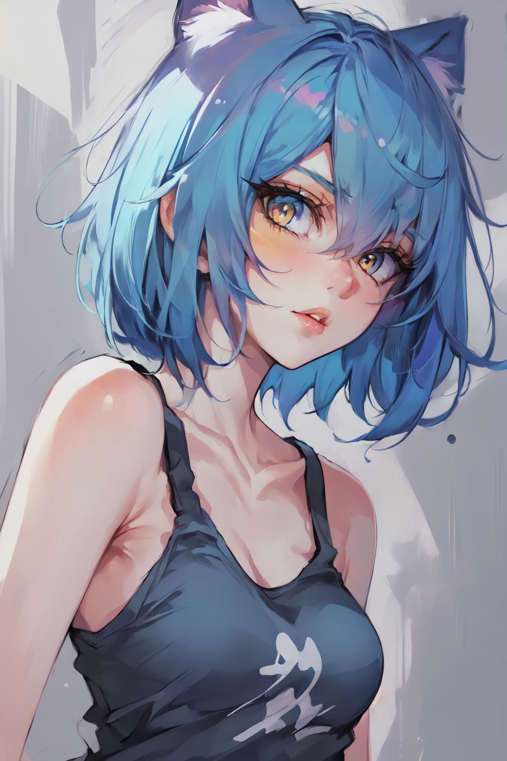 Paint_Style, 1girl, solo, looking at viewer, short hair, bangs, blue hair, collarbone, yellow eyes, parted lips, lips, eyelashes, tank top, portrait, nose <lora:Paint_Style:1>