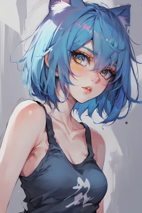 Paint_Style, 1girl, solo, looking at viewer, short hair, bangs, blue hair, collarbone, yellow eyes, parted lips, lips, eyelashes, tank top, portrait, nose <lora:Paint_Style:1>