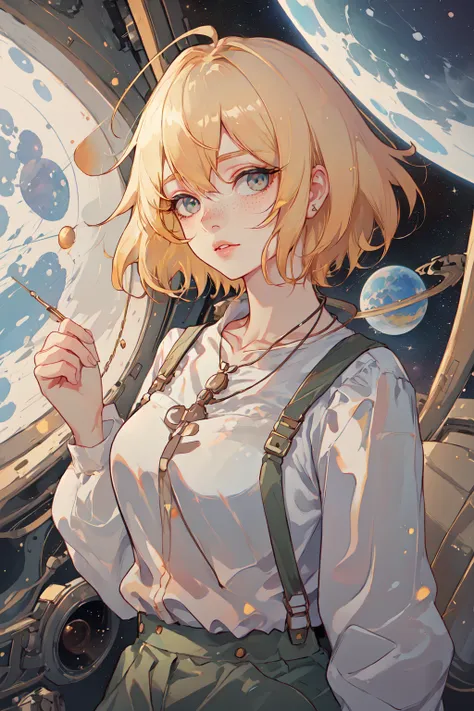 Paint_Style, 1girl, solo, looking at viewer, short hair, blonde hair, shirt, long sleeves, holding, jewelry, white shirt, upper body, artist name, necklace, lips, suspenders, freckles, space, planet<lora:Paint_Style:1>