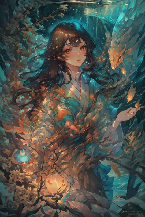 Paint_Style, (masterpiece, best_quality, ultra-detailed, immaculate:1.3), epic, illustration, render, volumetric lighting, welcoming, see-through gossamer, in Japan,1girl, solo, long hair, looking at viewer, brown eyes, upper body, parted lips, lips, portrait, fish, underwater, air bubble<lora:Paint_Style:1>