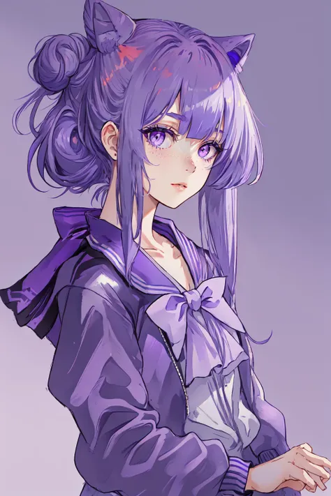 Paint_Style,1girl, solo, looking at viewer, bangs, simple background, bow, closed mouth, purple eyes, collarbone, jacket, upper body, purple hair, hair bow, sidelocks, multicolored hair, blunt bangs, hair bun, lips, eyelashes, double bun, portrait, freckles, purple background, realistic, nose, purple jacket<lora:Paint_Style:1>